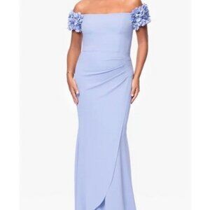Xscape Navy Blue Floral Off-the-Shoulder Short Sleeve Gown